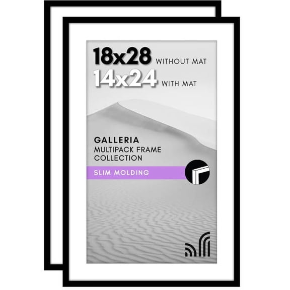 18x28 Picture Frame with Polished Plexiglass - Set of 2 - Use as 14x24 Frame with Mat or Display 18x28 Photo Without Mat - Galleria Collection - Picture Frames for Wall Display - Black