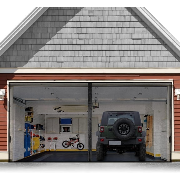 18x8FT Double Car Garage Magnetic Screen, Retractable Fiberglass Mesh Weighted Bottom, 40 Magnets Hands-Free Garage Screen