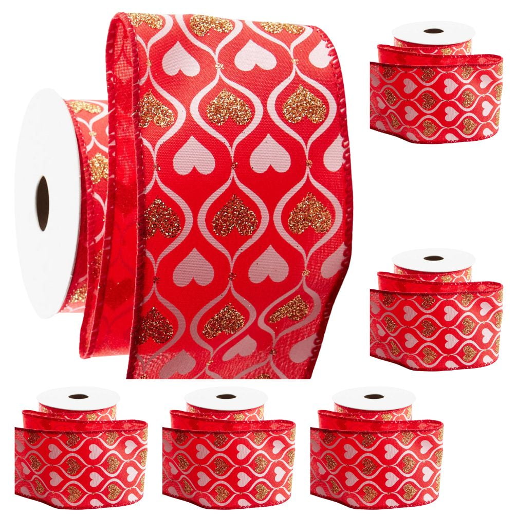 18yds Glittered Gold/Red/Pink Heart Wire-Edged Ribbon - for Valentine's Day - Factory Direct Craft