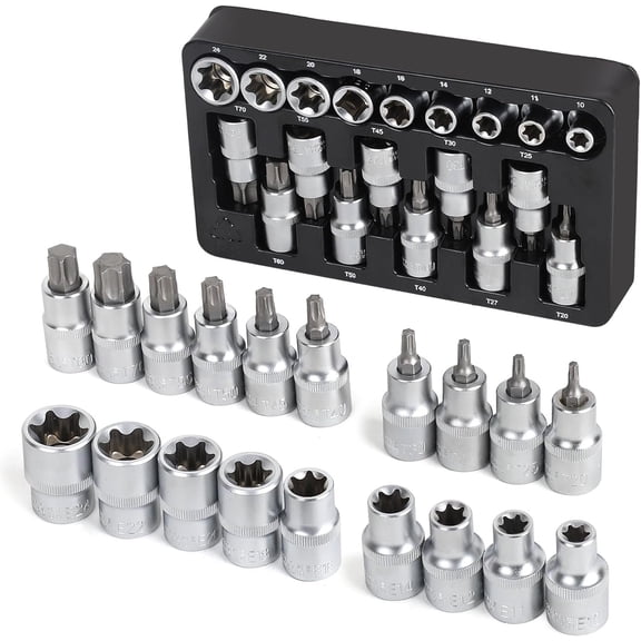 19- 1/2" Drive E-Torx Socket Set and Torx Bit Socket Set, with Storage case,  CR-V Steel, E10-E24, T20-T70, E Socket Set for Mechanic and  Repair