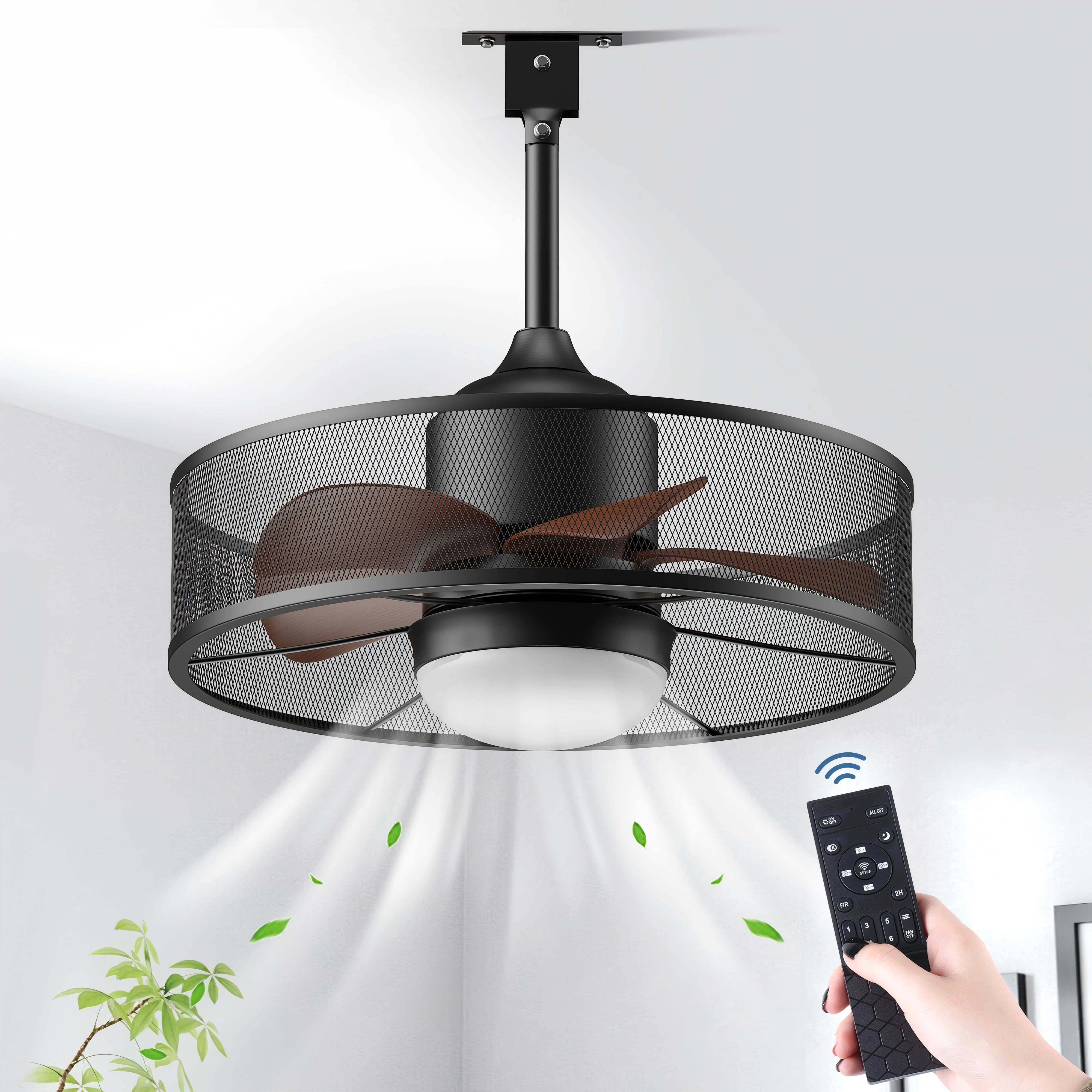 19.1" Ceiling Fan with Light Remote Control, Black Modern Waterproof Pendant Light Gazebo Fan for Outside Porch Patios