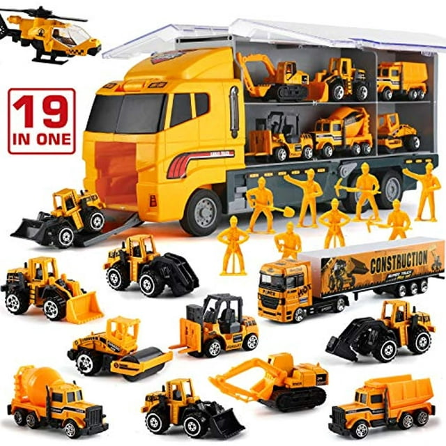 19 in 1 Construction Truck with Engineering Worker Toy Set, Mini Die-Cast Engine Car in Carrier Truck, Double Side Transport Vehicle Play for Child Kid Boy Girl Birthday Christmas Party Favors