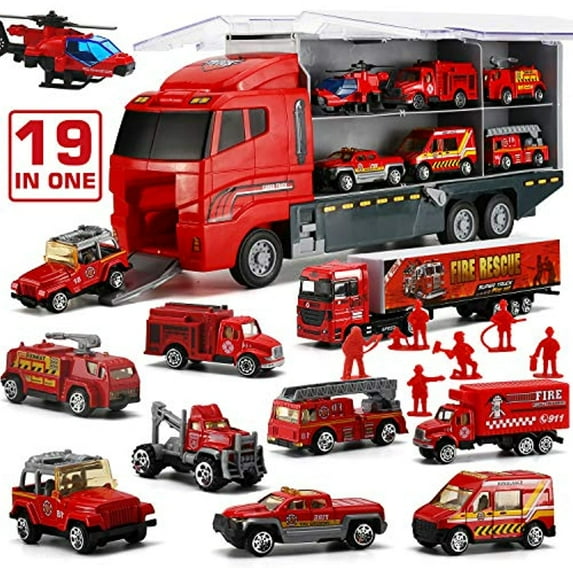 19 in 1 Fire Truck with Firefighter Toy Set, Mini Die-cast Fire Engine Car in Carrier Truck, Mini Rescue Emergency Double Side Transport Vehicle for Kid Child Boy Girl Birthday Christmas Party Favors