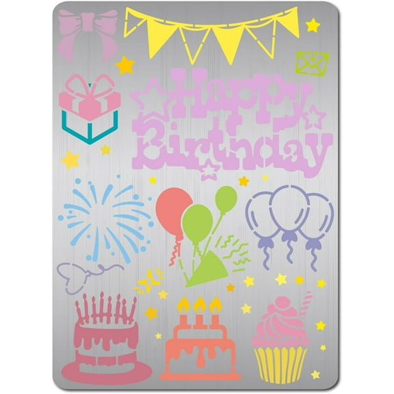 19 * 14cm Large Birthday Stencils Metal Happy Birthday Templates Birthday Cake Candle Pattern Stencils Cake Embossing Theme Stencils for Drawing Card Making DIY Decor Silver for diy making