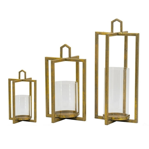 19, 15, 11 Inch Lanterns, Set of 3, Tea Light Glass Holders, Modern, Gold, Saltoro Sherpi