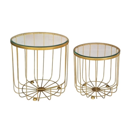 19, 15 Inch Accent Table, Slatted Design, Iron, Glass Top, Set of 2, Gold, Saltoro Sherpi