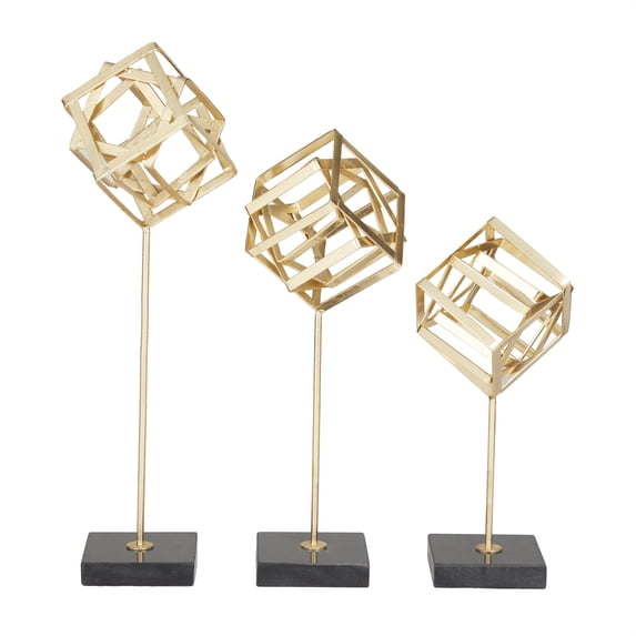 19", 16", 13"H Gold Metal Geometric Sculpture with Marble Base, by CosmoLiving by Cosmopolitan (3 Count)