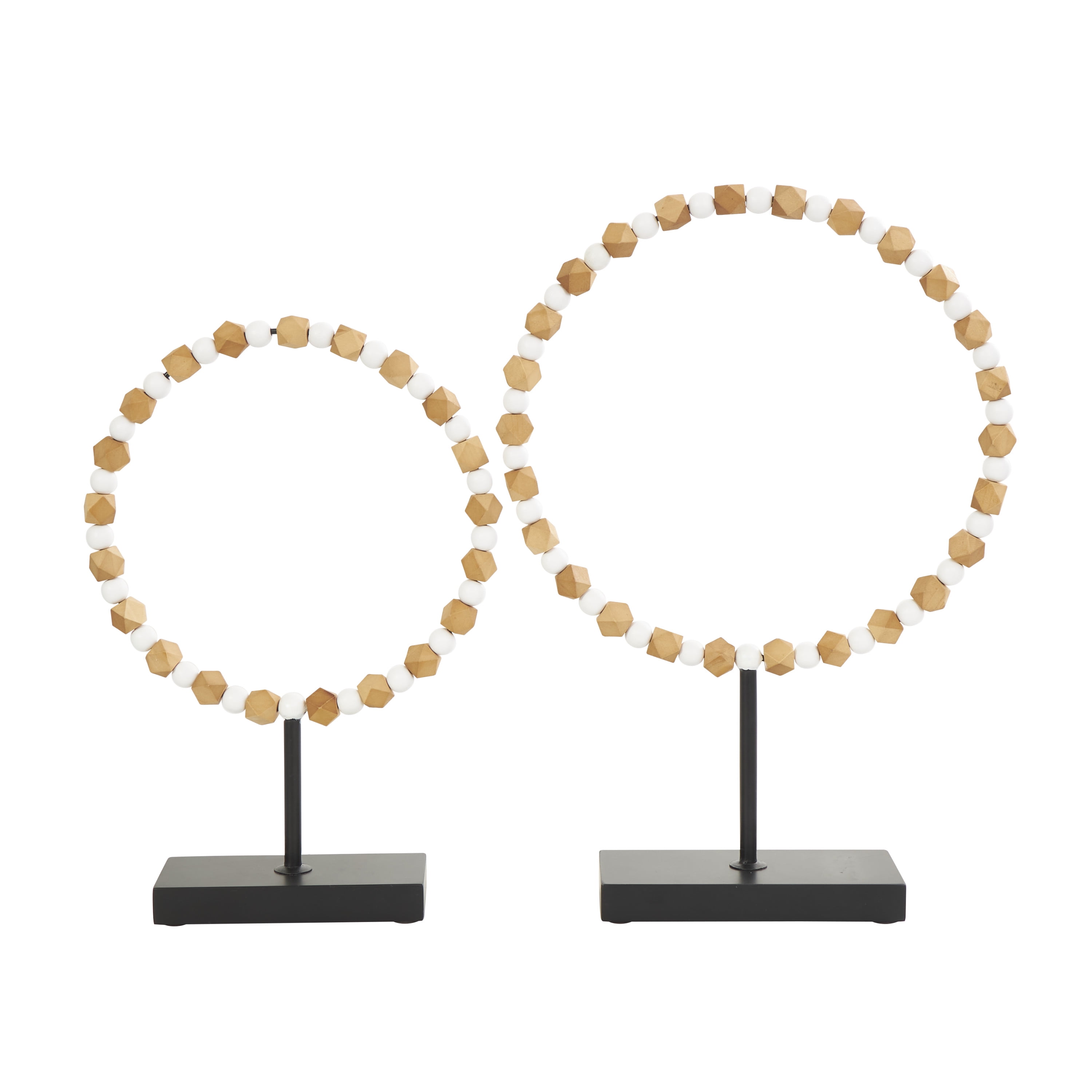19" and 16" Brown and White Wood Beaded Ring Sculptures with Black Metal Stands