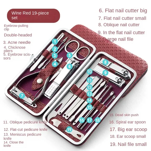 19/1PCS Professional Pedicure Nail Scissors Tool Nail Clipper Set Stainless Steel Manicure Cutter Trimmer Ear Spoon Nail Clipper (19pcs red)