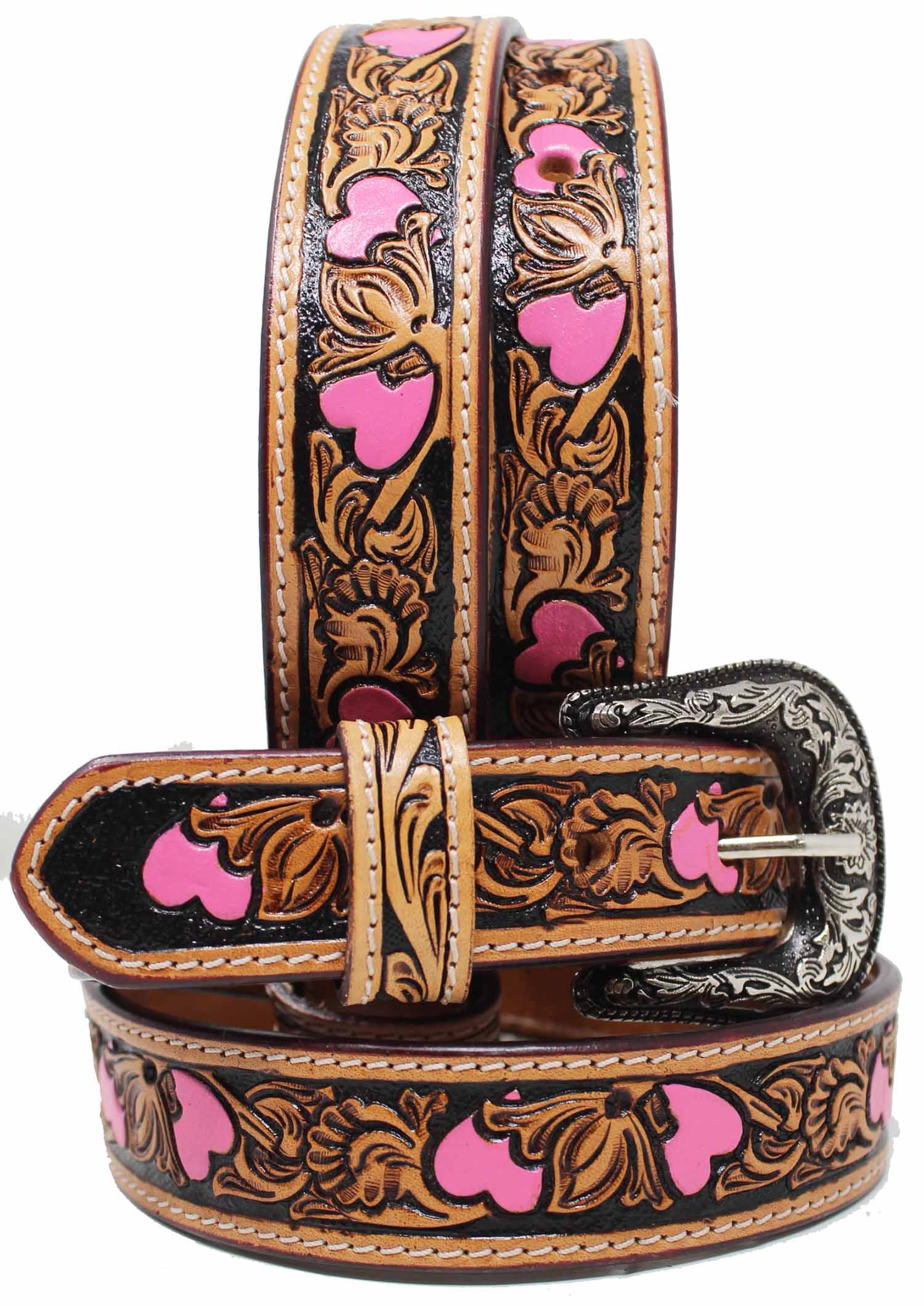 19-20 Girls Kids Child Youth 1-1/4 Wide Western Rodeo Fashion Two-Tone  Floral Hearts Tooled Leather Belt 26FK37PKC