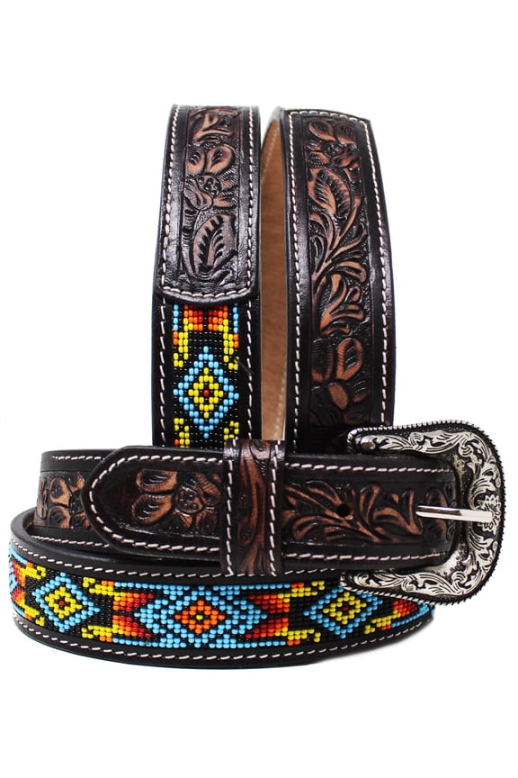 19-20 Kids Child Youth 1-1/4" Wide Western Floral Tooled Purple Beaded Leather Belt 26FK45C