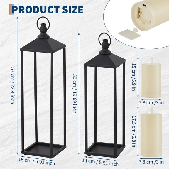 19"+22" Black Candle Lanterns, Metal Decorative Lanterns for Outdoor & Indoor with Flameless LED Candles, Halloween & Christmas Use Modern Patio Porch Garden Floor Decor