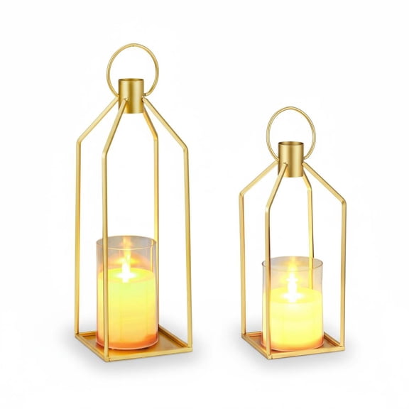 19" & 22"Modern Metal Lanterns Set of 2,Farmhouse Decorative Lantern with  Flameless LED Candles&Timer Flickering,Outdoor & Indoor Hanging/Table Lantern for Patio, Garden, Porch,