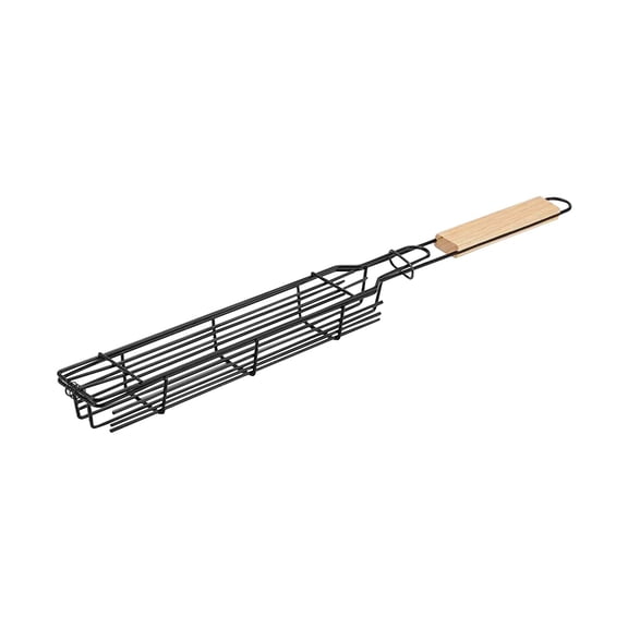 19.29in Steel BBQ Grill Basket with Wooden Handle, Wire Mesh Kabob Grilling Rack