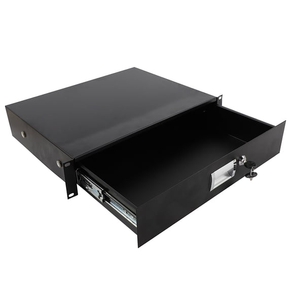 19" 2U Steel Plate DJ Drawer Equipment Cabinet with Keys, Black Rackmount Storage Drawer for Audio Equipment