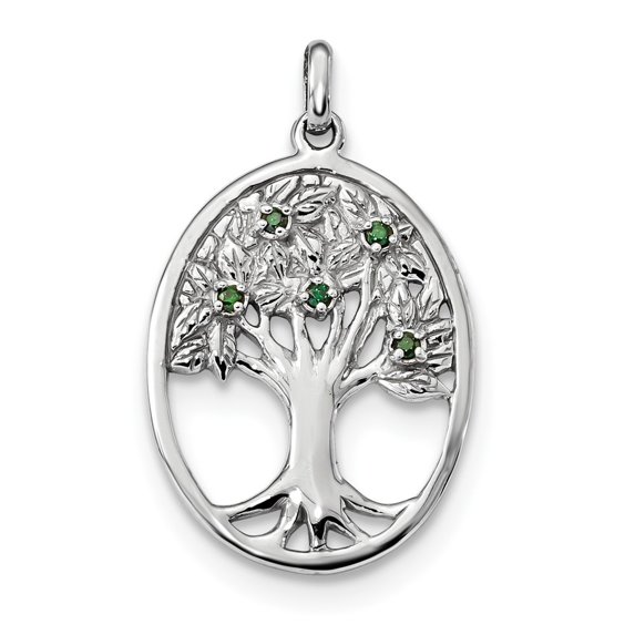 19.2mm Sterling Silver Rhodium-plated Green Glass Buds Oval Tree Pendant