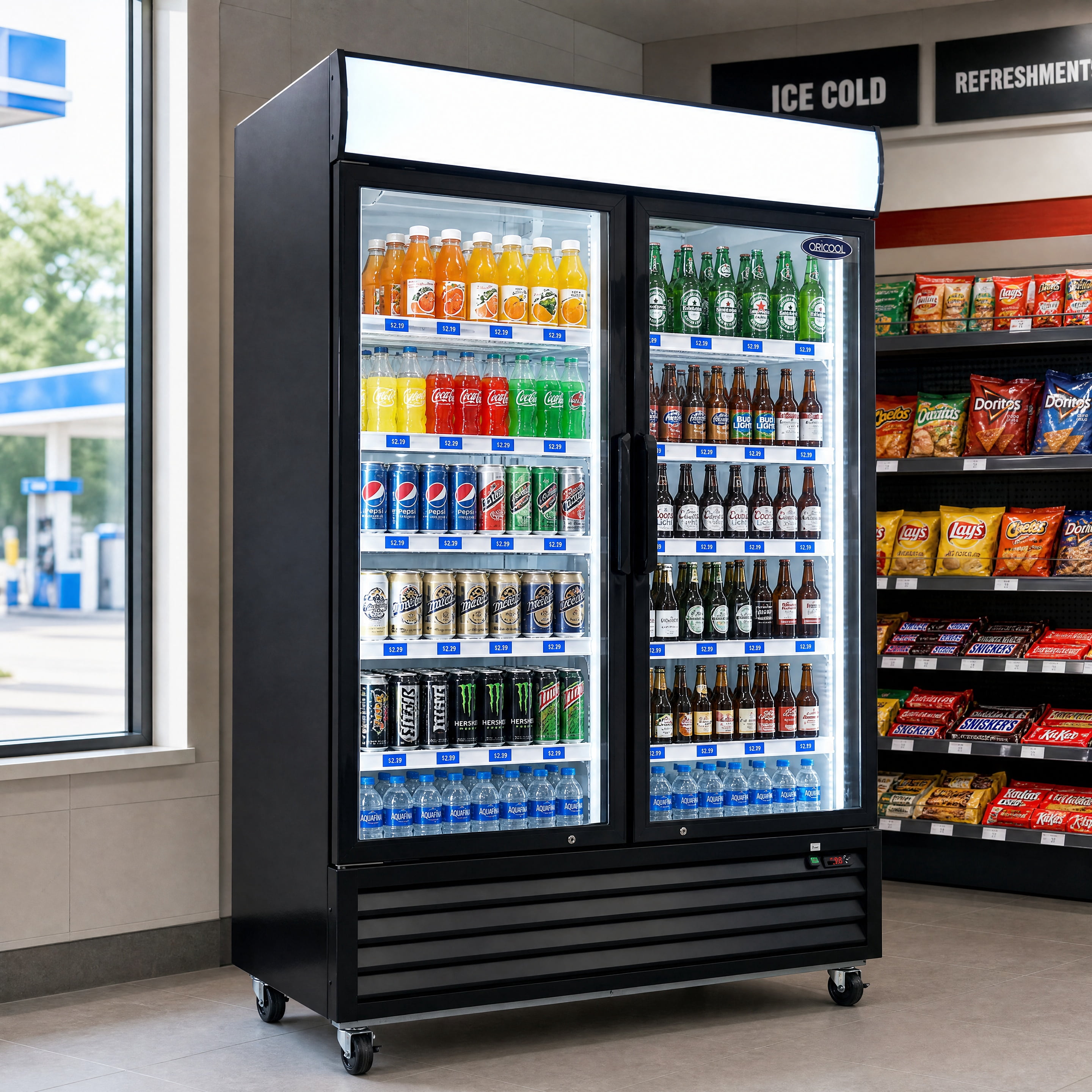 19.3 Cu.Ft Swing Glass Door Commercial Display Refrigerator 26.97"x33.54"x82.95" Hollow Tempered Glass Merchandiser Fridge with LED Panel Auto Defrost Adjustable Shelves for Cafe Restaurant