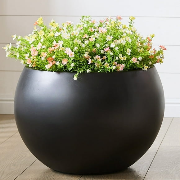 19.3" D x 13" H Fiberstone Large Size Planter, Black, 15" Pot Opening, Sphere Flower Pots with Drainage Hole, Weather Resistance Indoor/Outdoor Round Planters for Tree or Plants