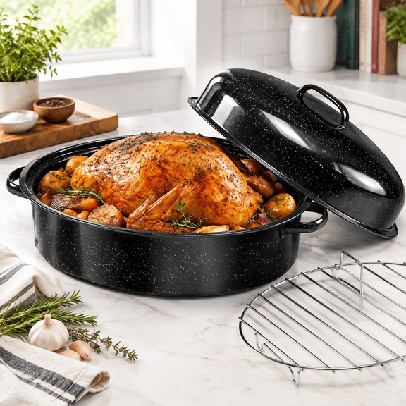 19.3" Enamel Roasting Pan With Lid & Rack Oval Turkey Roaster