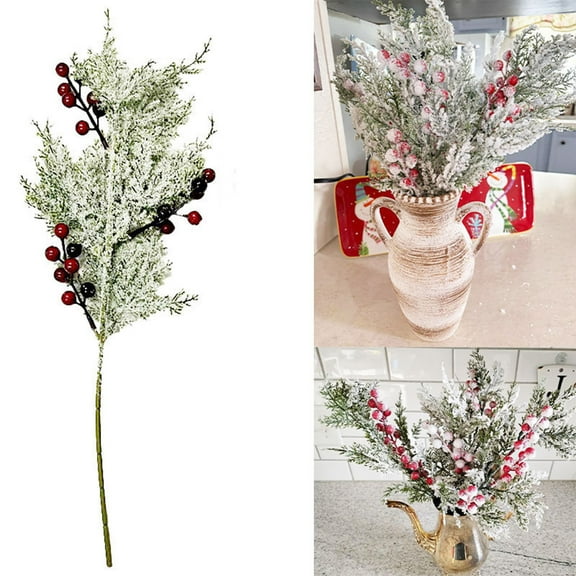 19.3 Inch Snowy Artificial Cedar Picks with Red Berries Frosted Faux Cedar Sprays Christmas Cedar Greenery Branches Stems for Christmas Tree Wreath Floral Arrangement Vase Winter Holiday Decor