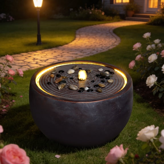 19.3" Modern Zen Bowl Water Fountain with Warm LED Light, Large Outdoor Patio Water Feature, Weather-Resistant Dark Stone-Look Fountain with Calming Water Flow for Backyard, Garden & Home Decor