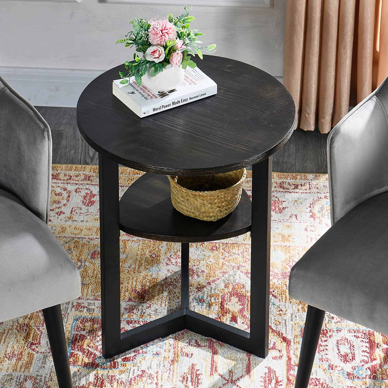 19.3” Round End Table with Storage shelf, Circular Rustic Sofa Side ...