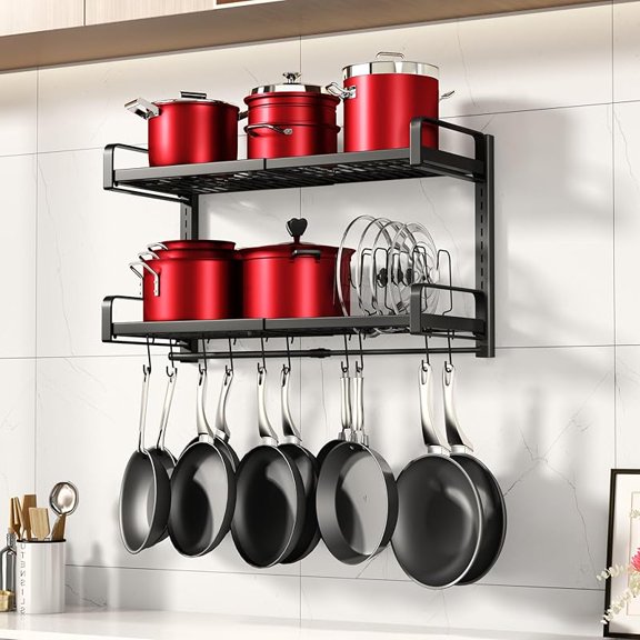Expandable Hanging Pot Rack, 2 Tier Heavy Duty Wall Mounted Pots and Pans Organizer with 10 Hooks and 5 Pot Lid Holders, Pot Hanger Shelf for Kitchen Cookware Utensils Organizers and Storage