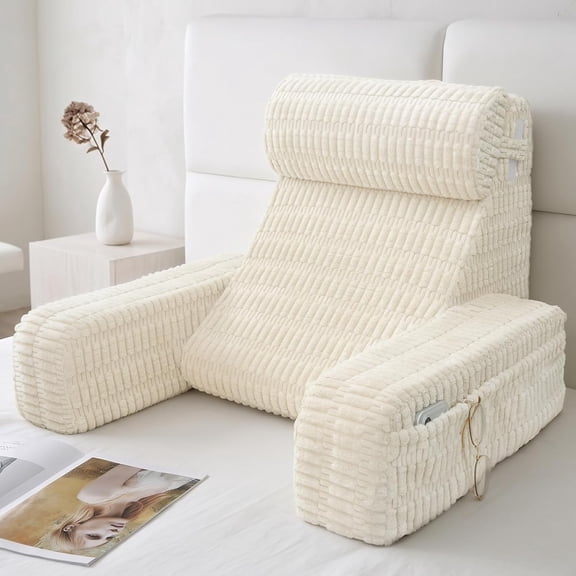19" Reading Pillow for Bed with Built-in Arms & Large Pockets, Supportive Backrest Cushion for Reading, Resting, or Reclining, Washable Cover – Ivory