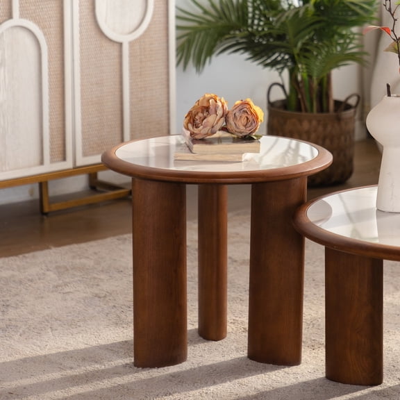 19.49" Round Sintered Stone Coffee Table with Solid Wood Rim, MDF Wood Veneer Cylindrical Legs Modern Minimalist Cocktail Table for Living Room Apartment