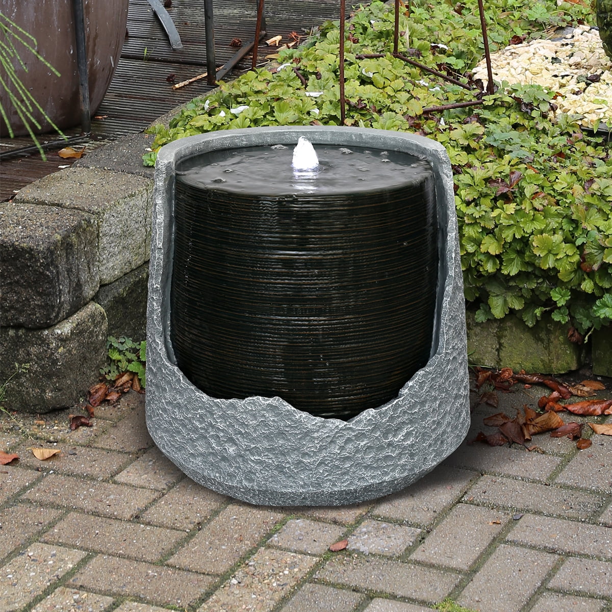 19.5" Gray and Black Contemporary Round Bubbling Fountain with White LEDs