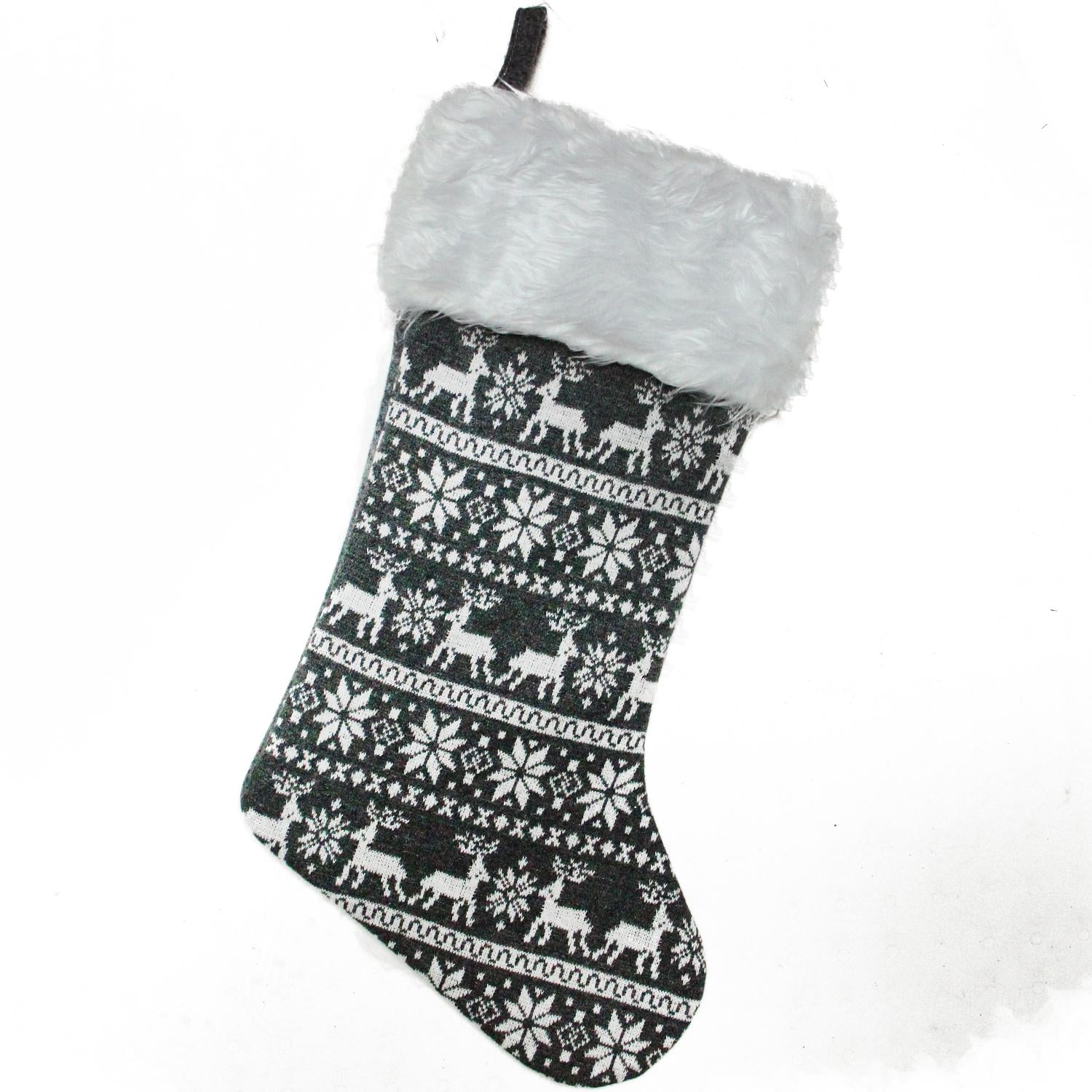 19.5" Gray and White Reindeer and Snowflake Knit Christmas Stocking with Faux Fur Cuff