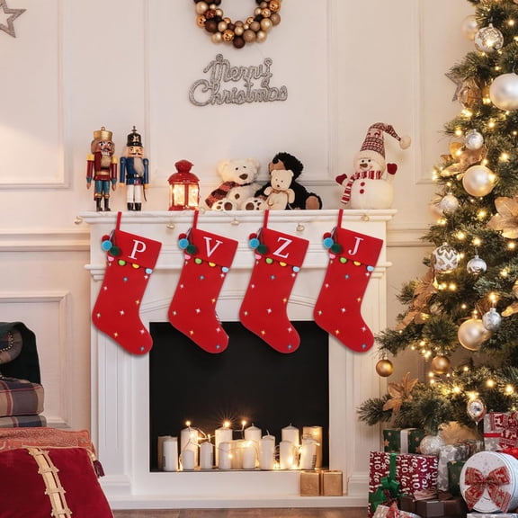 19.5 Inches Initial Monogram Christmas Stocking Personalized, Embroidered Letter Fleece Christmas Stocking with pom poms Decoration for Family Christmas Holiday Party Decor 1Pack