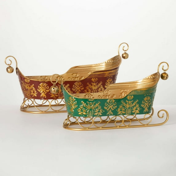 19.5"L & 23"L Sullivans Christmas Regal Metal Sleigh Containers Set of 2, Red-Gold