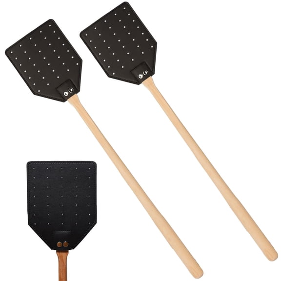 19.5" Leather Fly Swatter for Indoors,Happon Heavy Duty Flyswatter with Wooden Handle,Durable Fly Swatters for Flies, Bees, and Mosquitoes (2-Pack,Black)