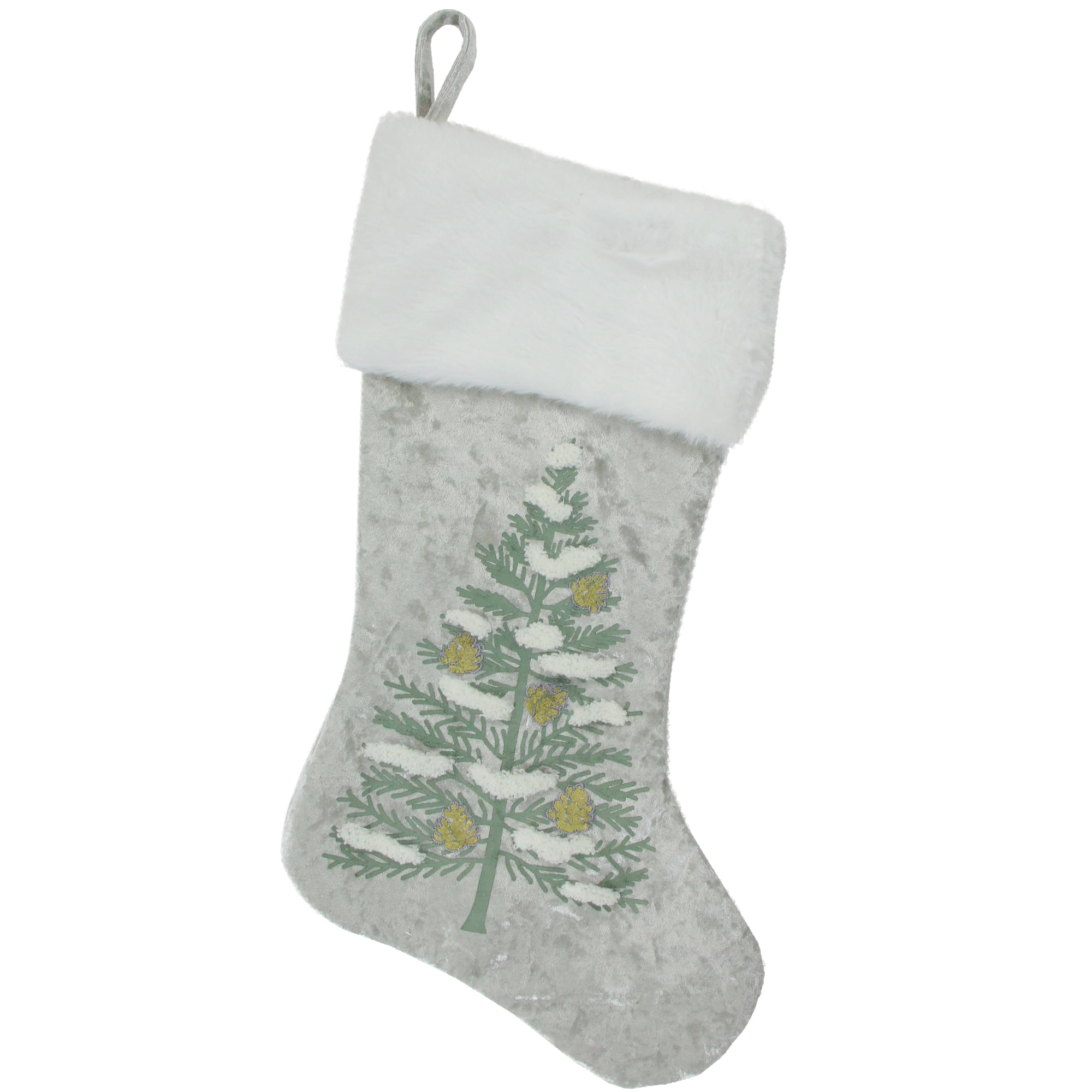 19.5" Snow Covered Green Tree Gray Christmas Stocking with White Cuff