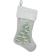 19.5" Snow Covered Green Tree Gray Christmas Stocking with White Cuff