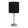 thumbnail image 1 of 19.5 in. Oslo Contemporary Bedside Power Outlet Base Standard Metal Table Desk Lamp, Brushed Steel with Black Drum Fabric Shade, 1 of 1