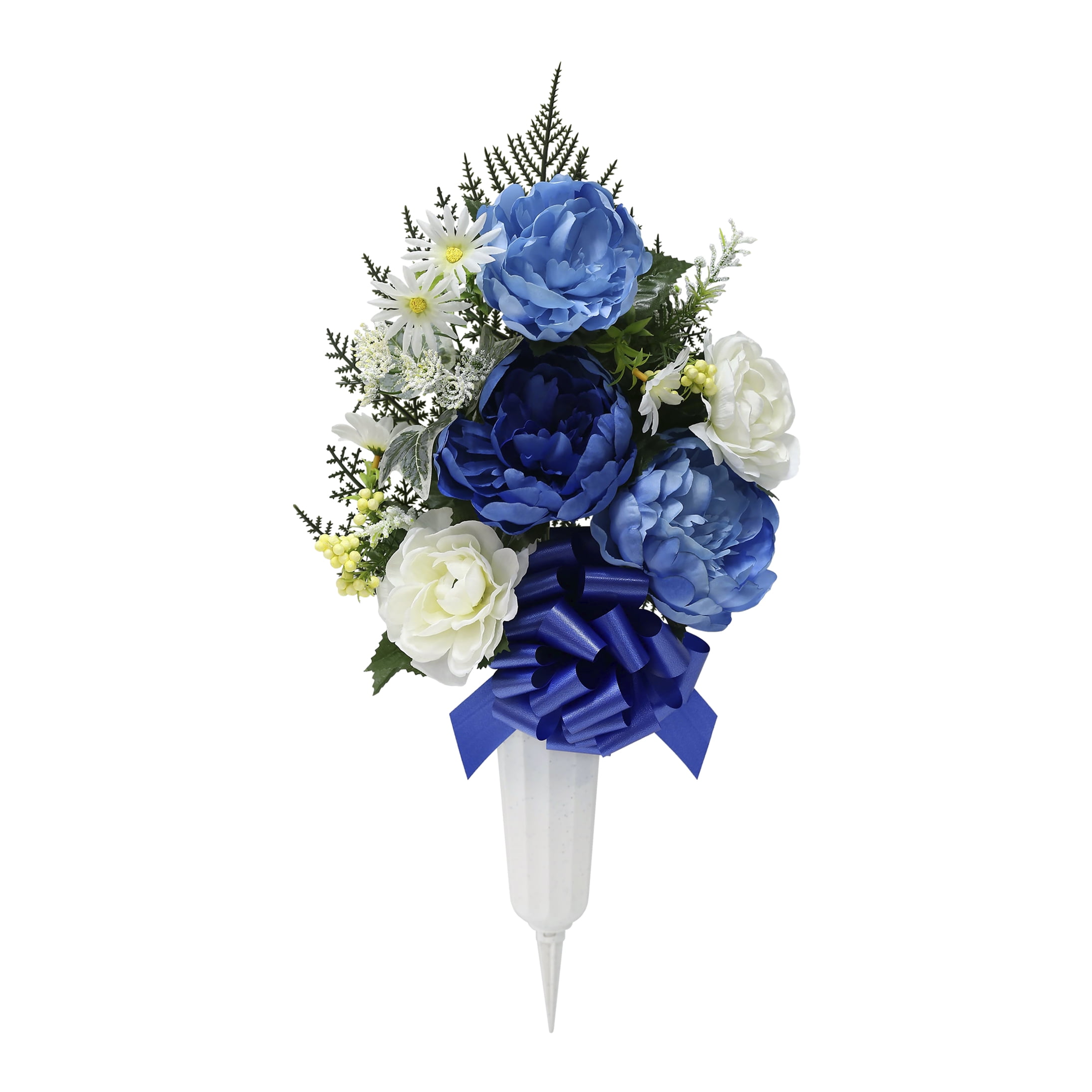 19.5-inch Artificial Silk Blue Peony Mixed Cemetery Small Flat Vase, for Indoor/Outdoor Use, by Mainstays