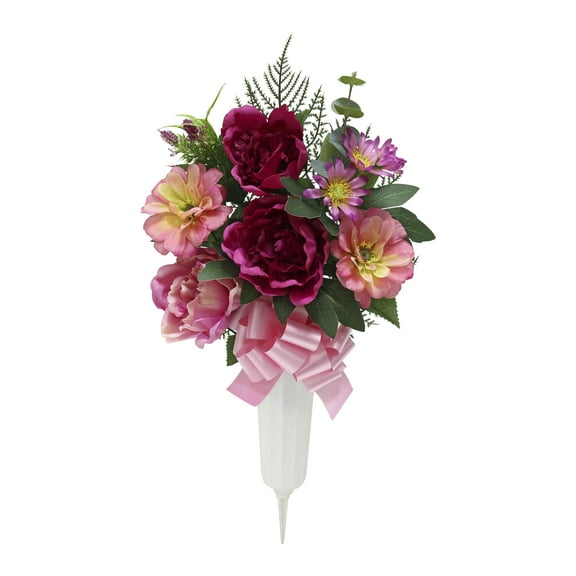 19.5-inch Artificial Silk Pink Peony Mixed Cemetery Small Flat Vase, for Indoor/Outdoor Use, by Mainstays