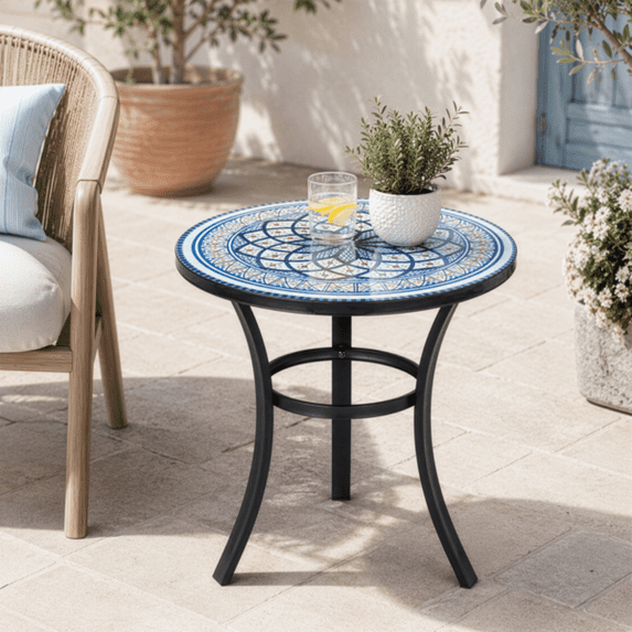 19.5 inch Side Table, Round Iron Top with Tripod Legs, Indoor Outdoor Accent End Table, Blue & White Mandala Mosaic