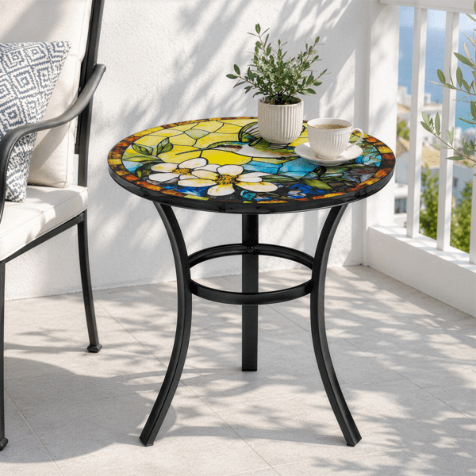 19.5 inch Side Table, Round Iron Top with Tripod Legs, Indoor Outdoor Accent End Table, Hummingbird Mosaic