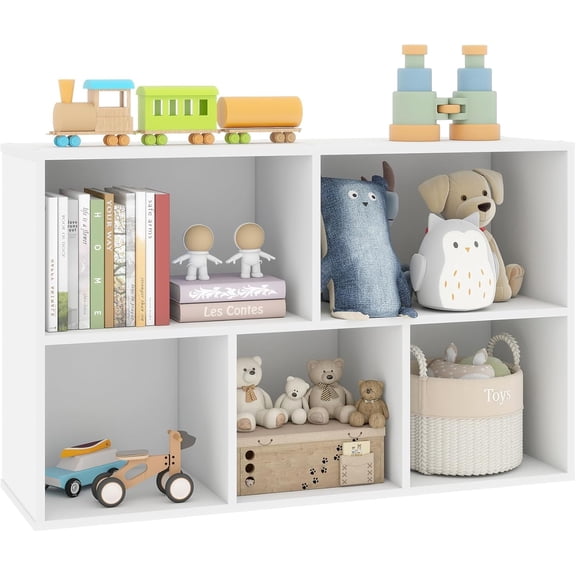 19.5" x 9.4" x 31.5" White Cubby Storage Organizer with 5 Cubes, Wooden Kid Toy Organizer with 5 Storage Spaces, White Kids Bookshelf for Toddler Storage