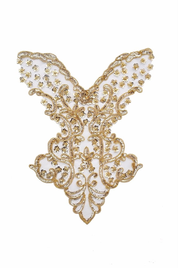 19.5"x15" Gold Off-white hand sewn Beaded Sequins on Sheer Bridal Evening Gown