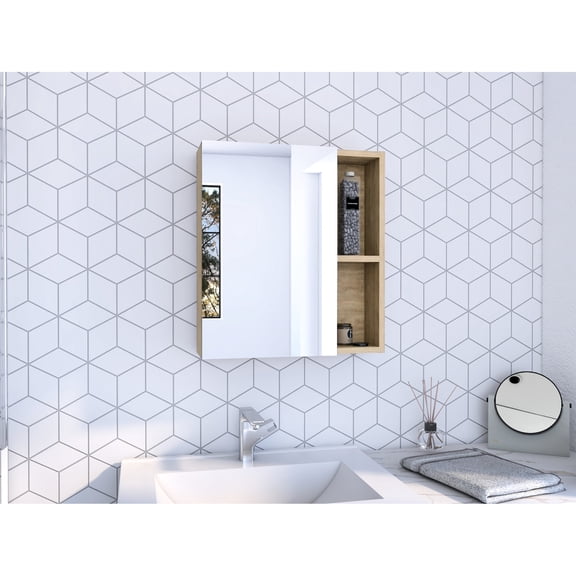 19.50-inch tall, light oak mirrored cabinet | Ideal for storing medicine and fitting various spaces | Offers five interior shelves for organized storage