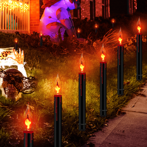 19.5ft Halloween Pathway Lights Set of 10 Flickering Flame Bulbs & Stakes, IP44 Rated Ideal for Outdoor Entryways, Driveways, Walkways, Gardens, Patios, and Lawns