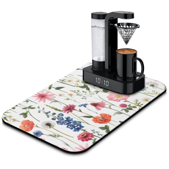 19.5x12 inch Beautiful Flower Patterned Coffee Drying Mat Heat Resistant, Absorbent Diatom Mud Mat Reversible and Perfect for Dish Drying and Draining