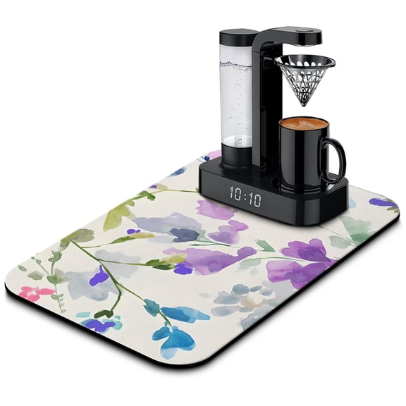 19.5x12 inch Flower-Themed Coffee Drying Mat for Kitchen Absorbent, Heat Resistant Diatom Mud Mat Reversible Dish Drainer, Perfect Countertop Addition