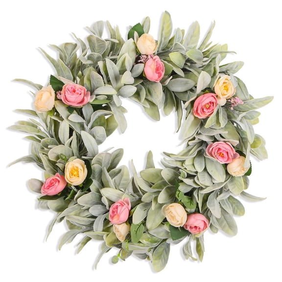 19.6” Artificial Flower Wreath for Front Door – Gray Green Eucalyptus & Cream Bloom Garland for Easter, Summer, St. Patrick’s Day, Spring Home Wall Decor