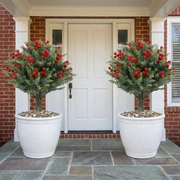 19.6" Artificial Topiary Trees with Spike Set of 2, Topiary Plants with Metal Ground Spike Faux Topiary Tree Outdoor Indoor Front Porch Garden,Red