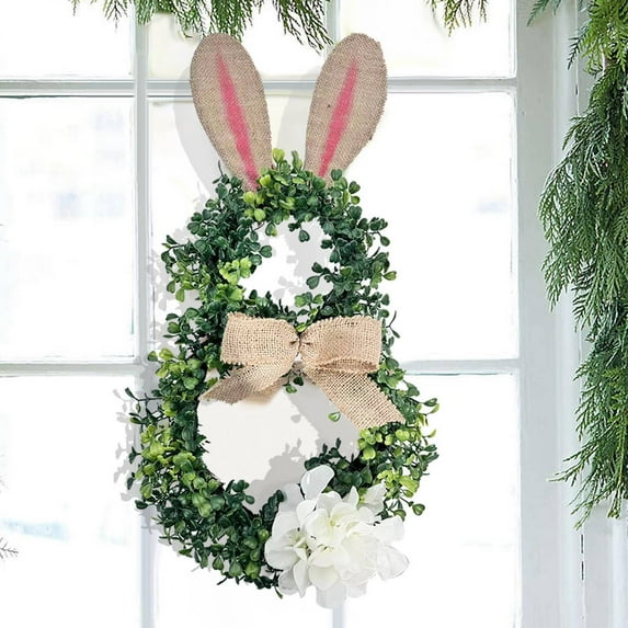 19.6"Easter Bunny Wreath for Front Door,Spring Handmade Green Leaves Wreath for Easter Decoration Indoor Wall Decoration, Bunny Wreath for Wall Window Decor
